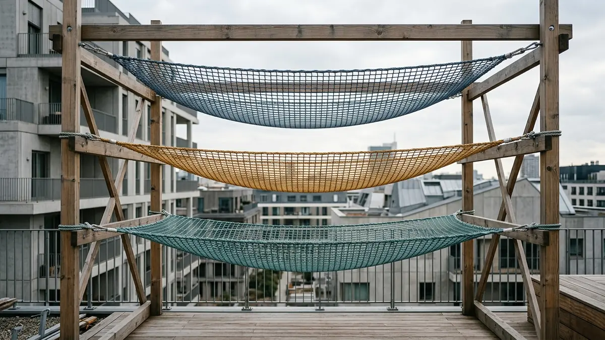 Ein Seiltänzer balanciert sicher über einem Sicherheitsnetz, das aus drei unterschiedlich gefärbten Seilsträngen gewebt ist