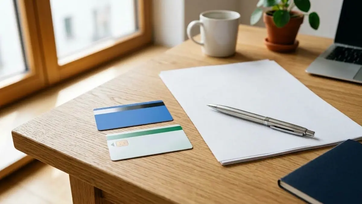Eine blaue Aufenthaltskarte und eine Krankenversicherungskarte neben Vertragsunterlagen und einem Stift auf einem Holzschreibtisch