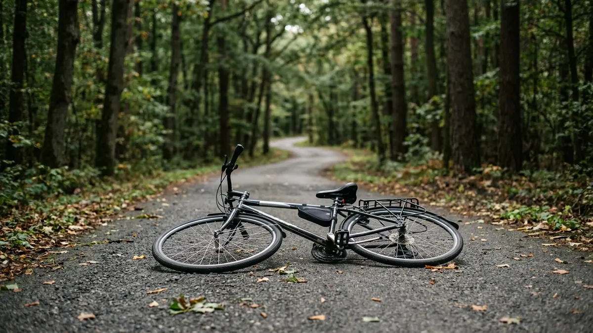 Umgekipptes Fahrrad auf einer Landstraße nach einem kleinen Unfall