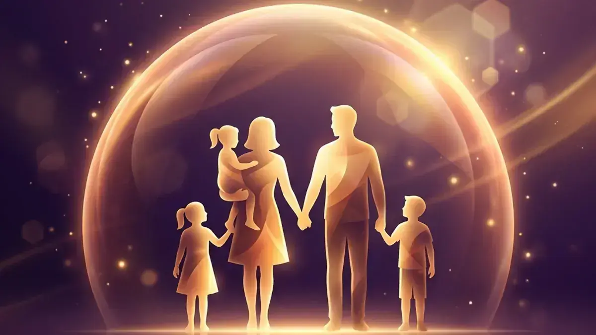Symbolischer Schutzschirm über einer Familie