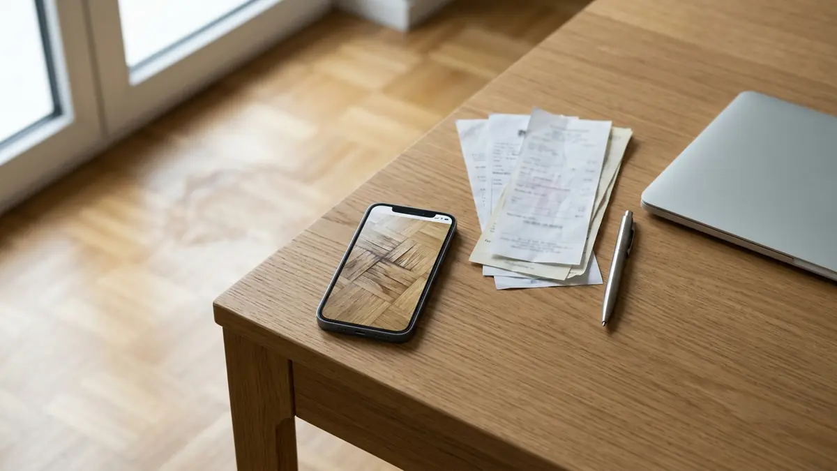 A smartphone showing a photo of water damage, receipts and a pen on a kitchen table