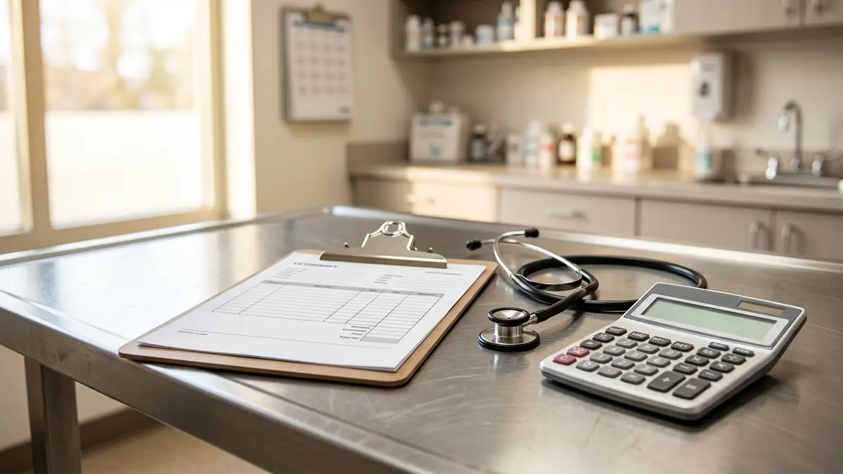 A veterinary invoice on a clipboard next to a stethoscope and a calculator on an examination table